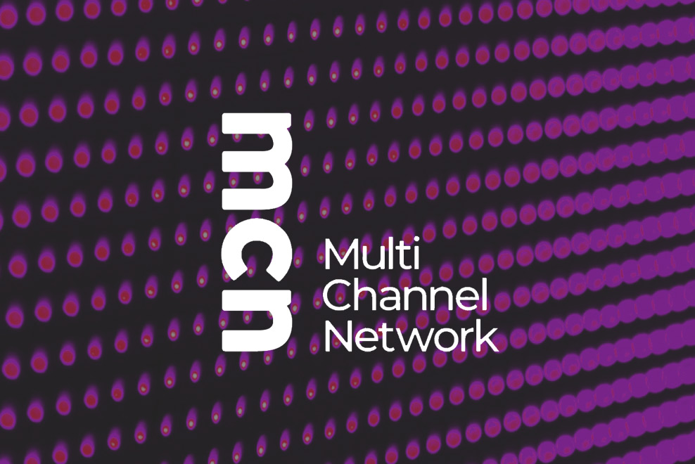 multi channel network logo on purple LED array